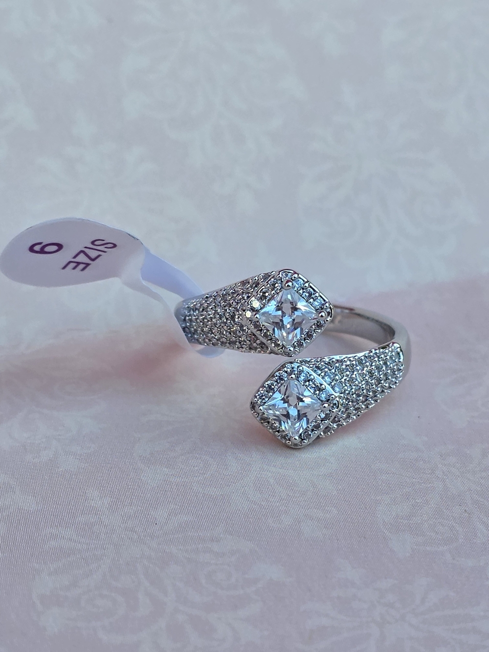Bomb Party Elegant Silver-Tone Double Stone Pavé Open Ring - Clear (NWT)